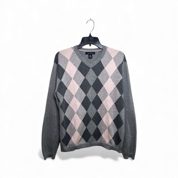Banana Republic V-Neck Sweater Argyle Pink Gray Silk Cashmere Elbow Patch Small - Picture 2 of 10